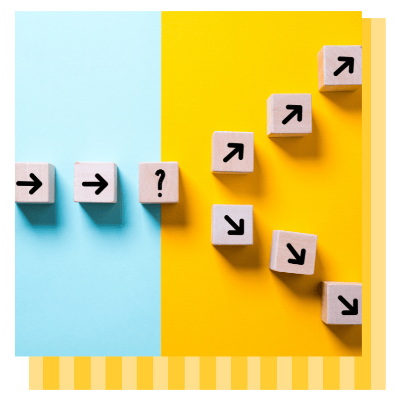 One line made of blocks with black arrows diverges to two different lines moving away form each other suggestion decisions need to be made